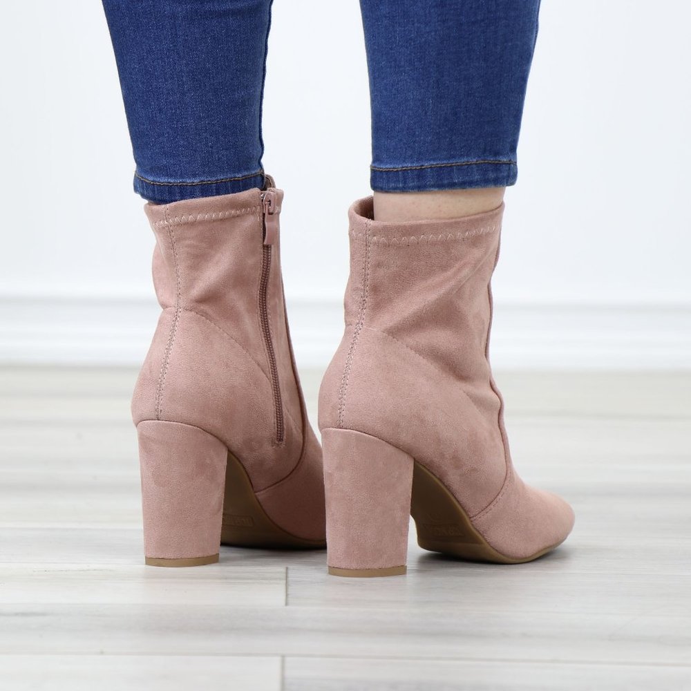 Pointed Toe Pink Faux Suede Block High Heel Above Ankle Boots - Picture 8 of 14